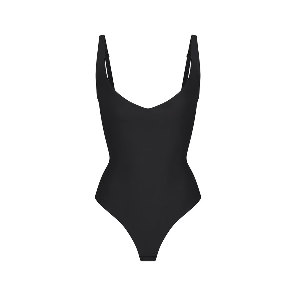 SKIMS Black Scoop Neck Seamless Thong Bodysuit Onyx Large NWT